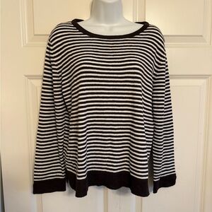 Chico’s Design Striped Brown White Linen Blend Long Sleeve Pullover Size 2 NWT